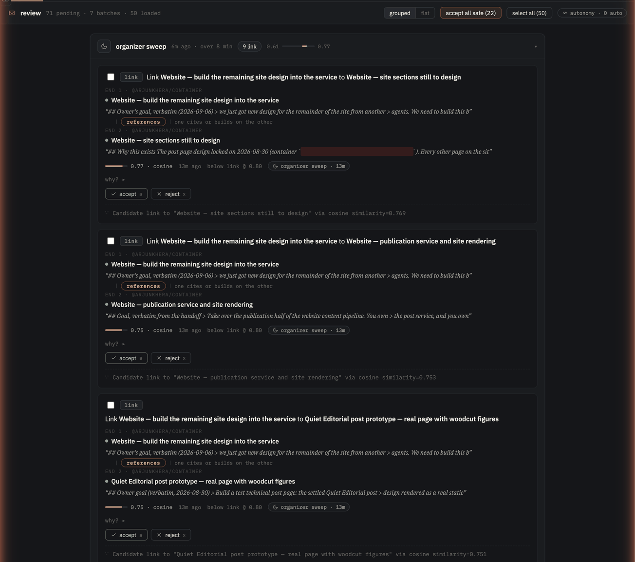 The same review queue after the fix, with group headers, cards and controls rendering as separate, legible rows.