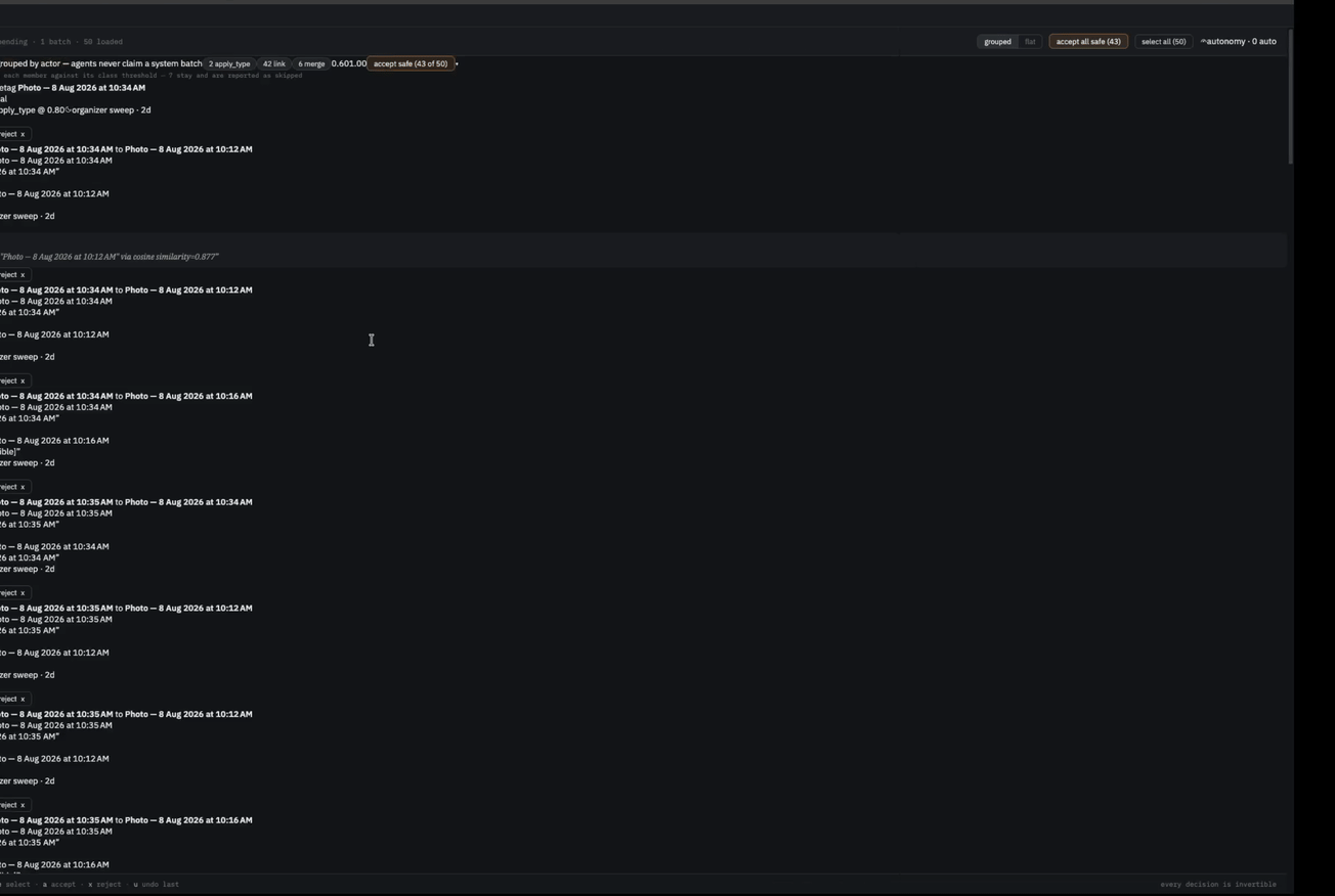 The review queue rendering broken: headers, list items and controls overlapping into unreadable text.
