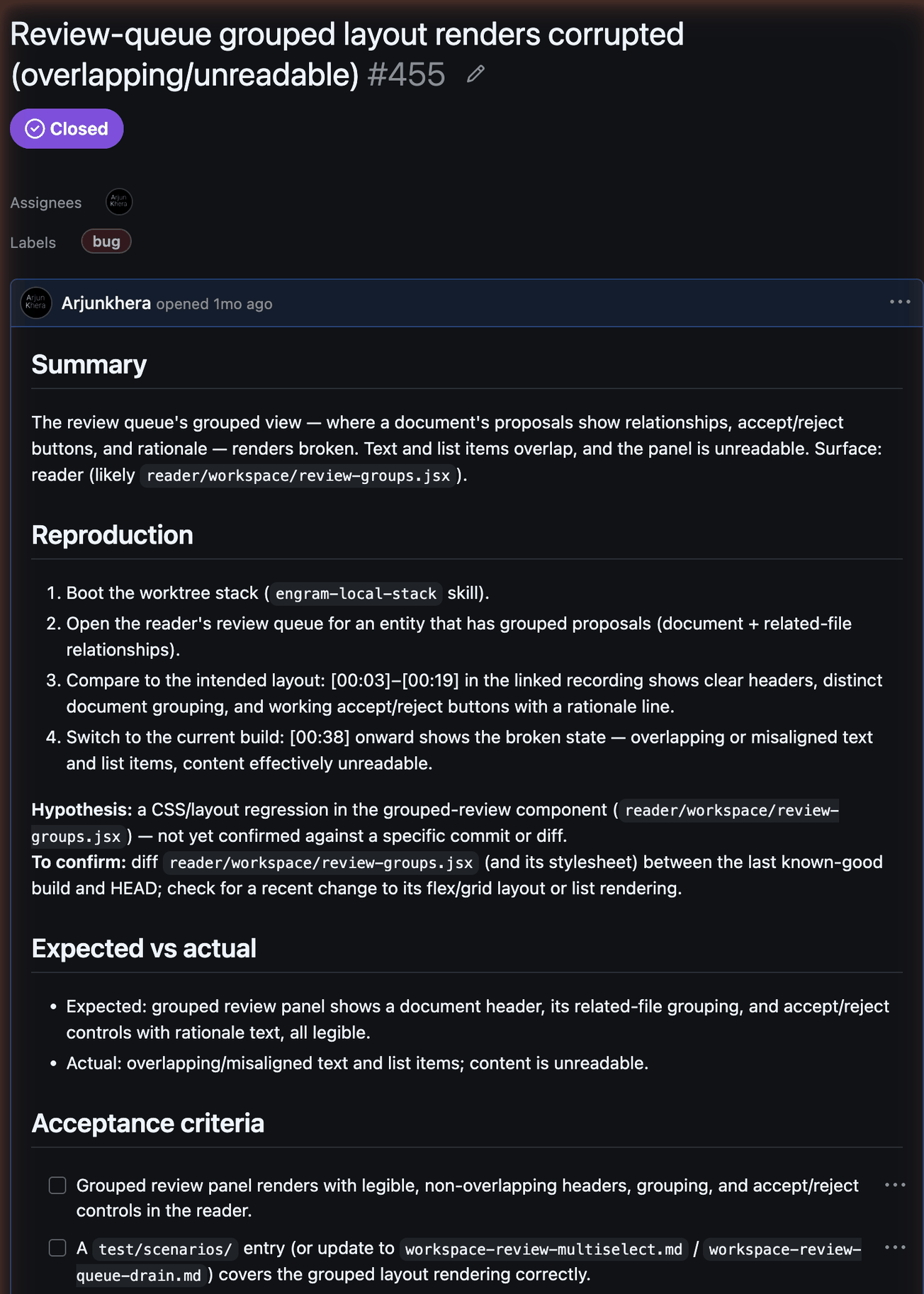 The GitHub issue the flow filed, with a summary, numbered reproduction steps citing the recording by timestamp, expected versus actual, and acceptance criteria.