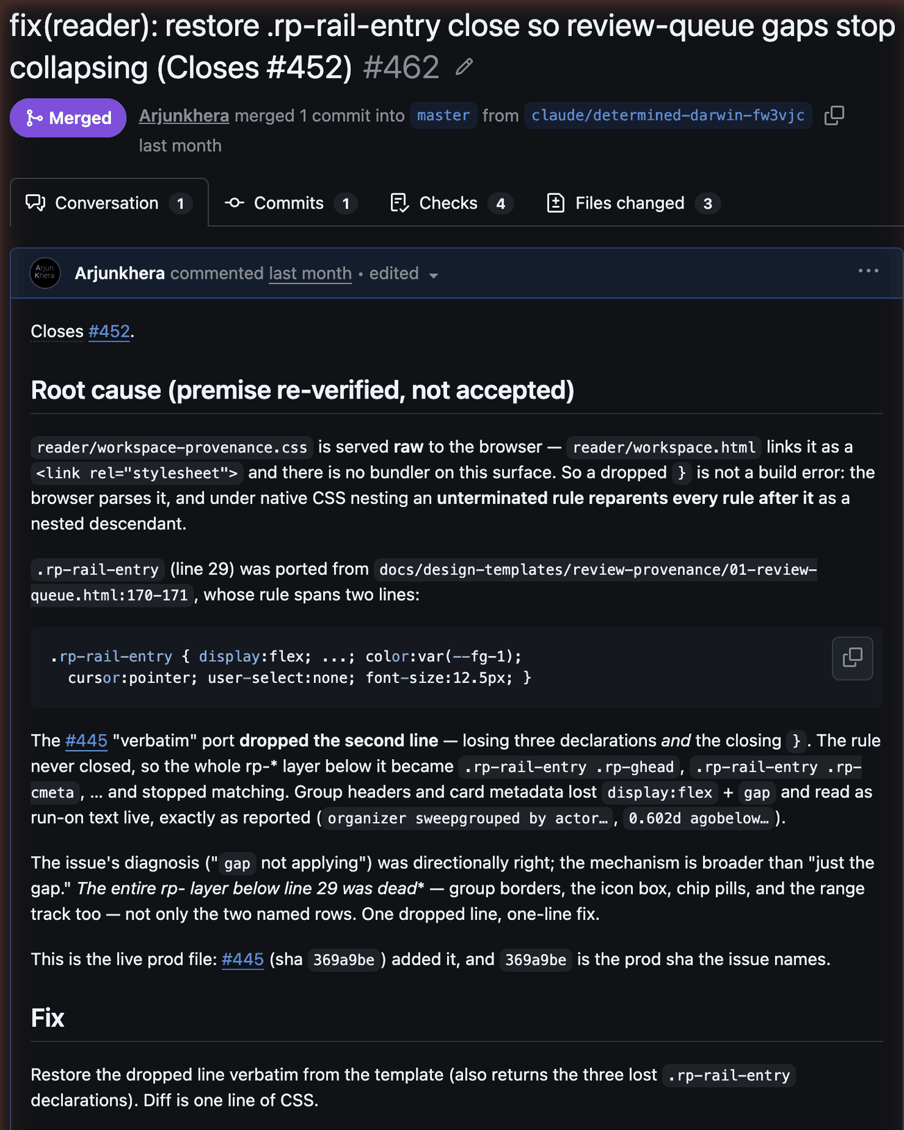 The merged pull request, showing the root cause: a dropped line in a stylesheet that removed a rule's closing brace, so every rule below it stopped applying.